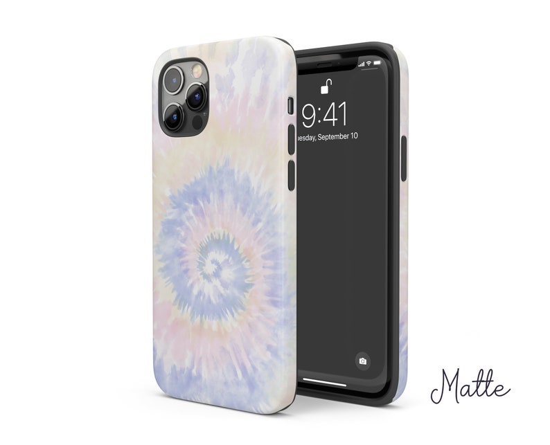 May include: A phone case with a tie-dye pattern in shades of blue, pink, and white. The case is matte and has a black border. The phone screen shows the time 9:41 and the date Wednesday, September 10.