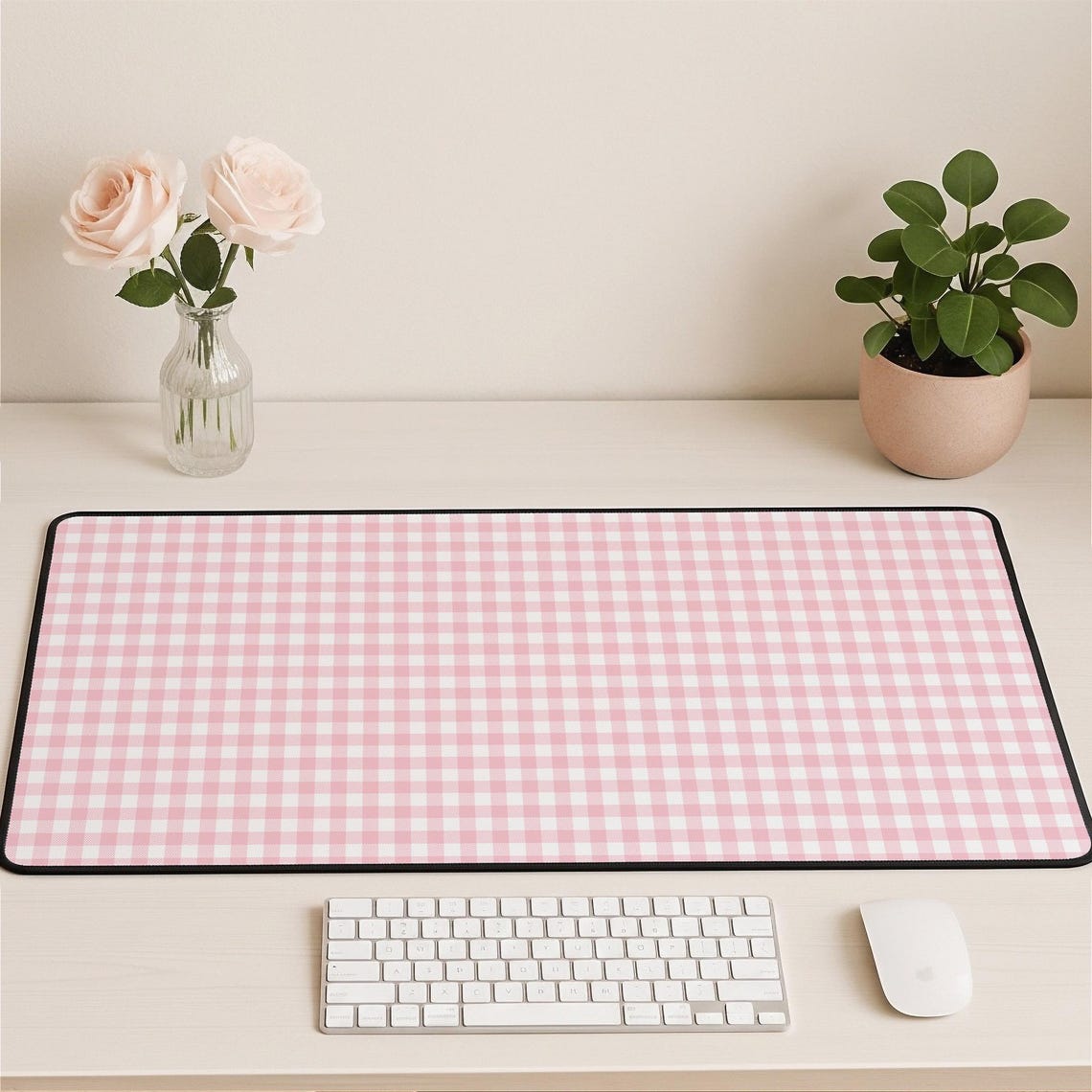 Pink Computer Table Mat Pink Gingham Desk Mat, Pastel Checkered Desk Pad, Aesthetic Office ...