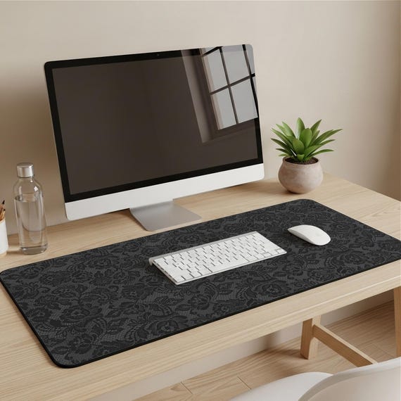 Black Lace Desk Mat, Gothic Aesthetic Mouse Pad, Elegant Dark Floral Desk Pad, Vintage Lace Pattern Office Decor, Large Mouse Mat