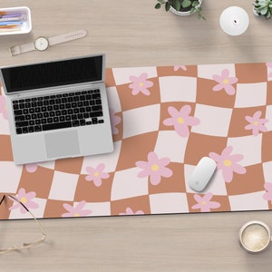 Tan Check Desk Mat Y2k Aesthetic Pink Floral Check Gaming Mat Cute Desk Mat Large Desk Pad Extra Large Mouse Pad Aesthetic