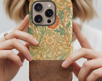 Vintage Wallpaper Boho iPhone 15 Case, Galaxy Case with Leather Look Print, Phone Case for XS XR 14 Pro 12 Mini 13 Pro Max Samsung S23 S22