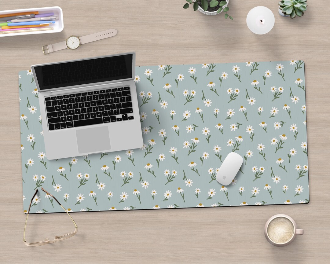 Green Daisy Desk Mat Soft Green Desk Accessories Floral Keyboard Mat