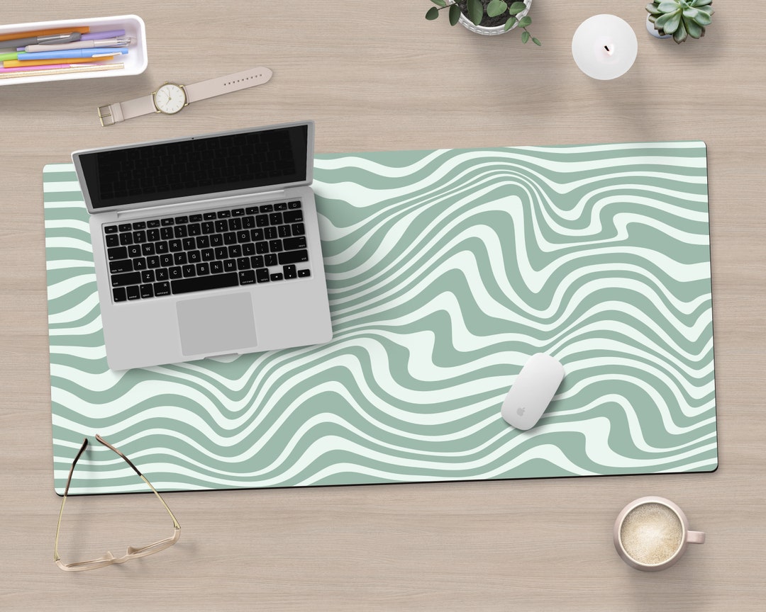 Sage Green Desk Mat Wavy Line Print Desk Mat Aesthetic Desk Accessories