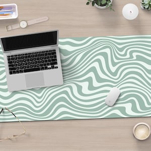 Sage Green Desk Mat Wavy Line Print Desk Mat Aesthetic Desk Accessories Cute Large Mouse Pad Keyboard Mat Green Gaming Mat