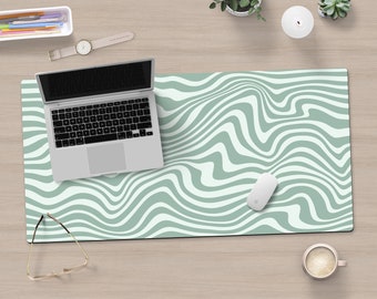 Sage Green Desk Mat Wavy Line Print Desk Mat Aesthetic Desk Accessories Cute Large Mouse Pad Keyboard Mat Green Gaming Mat