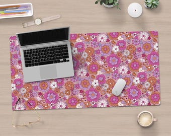 Boho Floral Desk Mat – Pink and Orange Retro Flower Mouse Pad for Home Office, Large Cute Desk Pad for Women, Aesthetic Workspace Decor