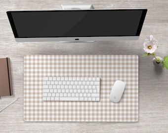 Beige Desk Mat Gingham Check Large Mouse Pada Aesthetic Desk Accessories Keyboard Mat Desk Mat Large Desk Mat Neutral Office Decor