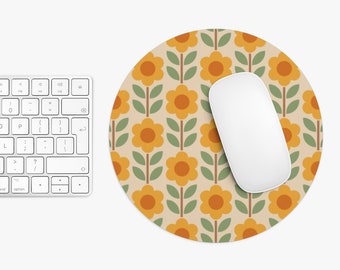 Retro Aesthetic Office Decor Cute Retro Floral Print Mouse Pad 70s Style Geometric Pattern Cute Mouse Pad Orange 60s Style Deck Decor