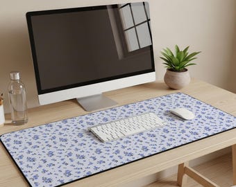 Blue Ditsy Floral Desk Mat, Coquette Aesthetic Desk Pad, Cute Cottagecore Extended Mouse Pad, Vintage Floral Office Decor, Blue Gaming Mat