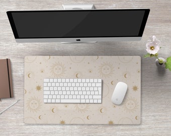 Beige Celestial Desk Mat Large Mouse Pad Aesthetic Sun And Moon Large Desk Mat Pad Keyboard Mat Beige Large Desk Mat Mystical Office Decor