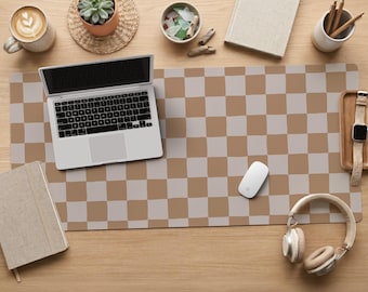 Tan And Beige Checked Desk Mat Checks Aesthetic Desk Accessories Large Mouse Pad Keyboard Mat Checkered Gaming Mouse Pad