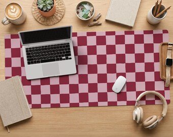 Pink And Burgundy Checker Desk Mat Checkered Desk Decor Large Mouse Pad Keyboard Mat Checked Gaming Mouse Pad