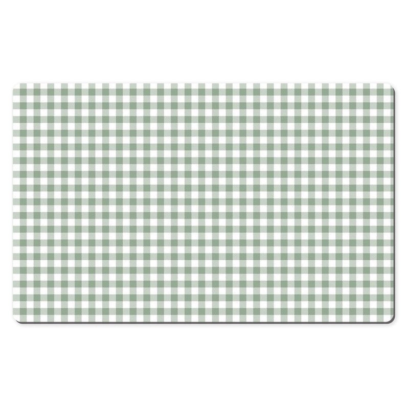 Pode incluir: Um padr&atilde;o vichy verde e branco. O padr&atilde;o &eacute; composto por pequenos quadrados.
