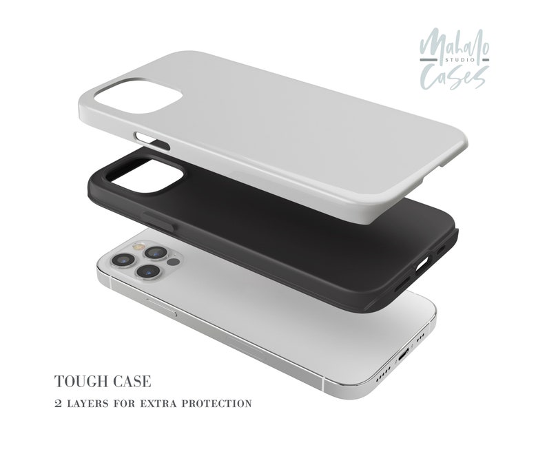 May include: A two-layer phone case with a white outer layer and a black inner layer. The case is designed to protect a smartphone. The text "TOUGH CASE" and "2 LAYERS FOR EXTRA PROTECTION" is printed on the bottom of the image. The text "Mahalo Studio Cases" is printed in the top right corner of the image.