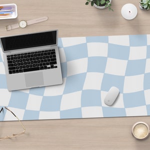 Blue Checkered Desk Mat Pastel Blue Aesthetic Desk Accessories Check Keyboard Mat Wavy Checked Desk Mat Large Desk Pad Large Mouse Pad