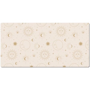 May include: A beige background with a repeating pattern of gold suns, moons, and stars. The suns and moons have faces.