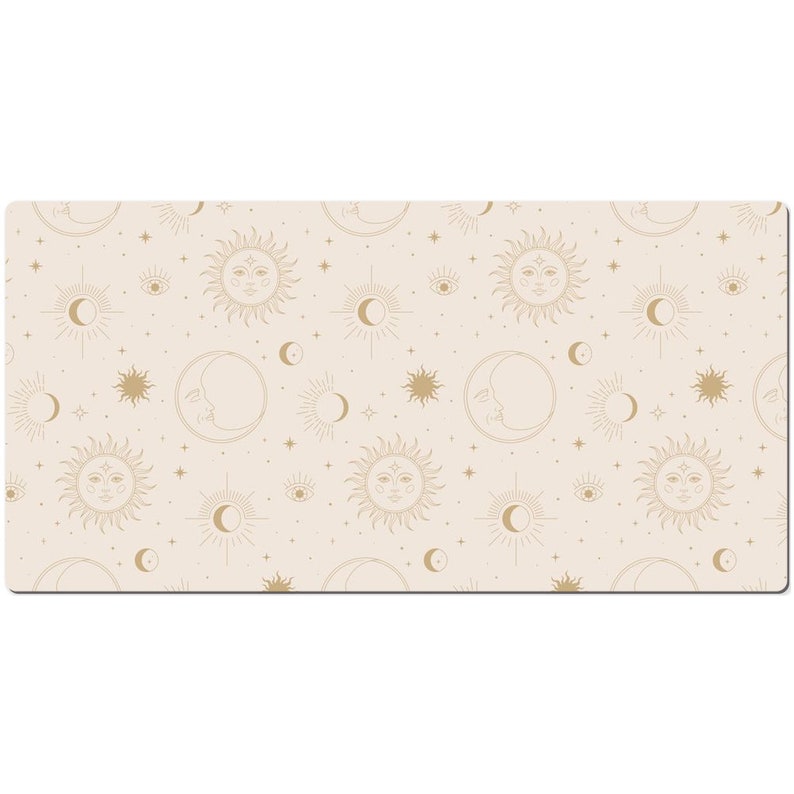 May include: A beige background with a repeating pattern of gold suns, moons, and stars. The suns and moons have faces.