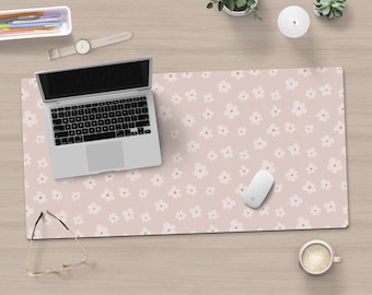 Flower Desk Mat Cute Floral Print Aesthetic Gaming Mat Beige And White Floral Extra Large Mouse Pad Pretty Desk Mat Minimalist Office Decor