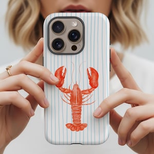 Coastal Lobster iPhone Case- Fisherman Aesthetic Nautical Red Lobster Tough Case for Beach Lovers, Striped Coastal Galaxy S25 Ultra Case