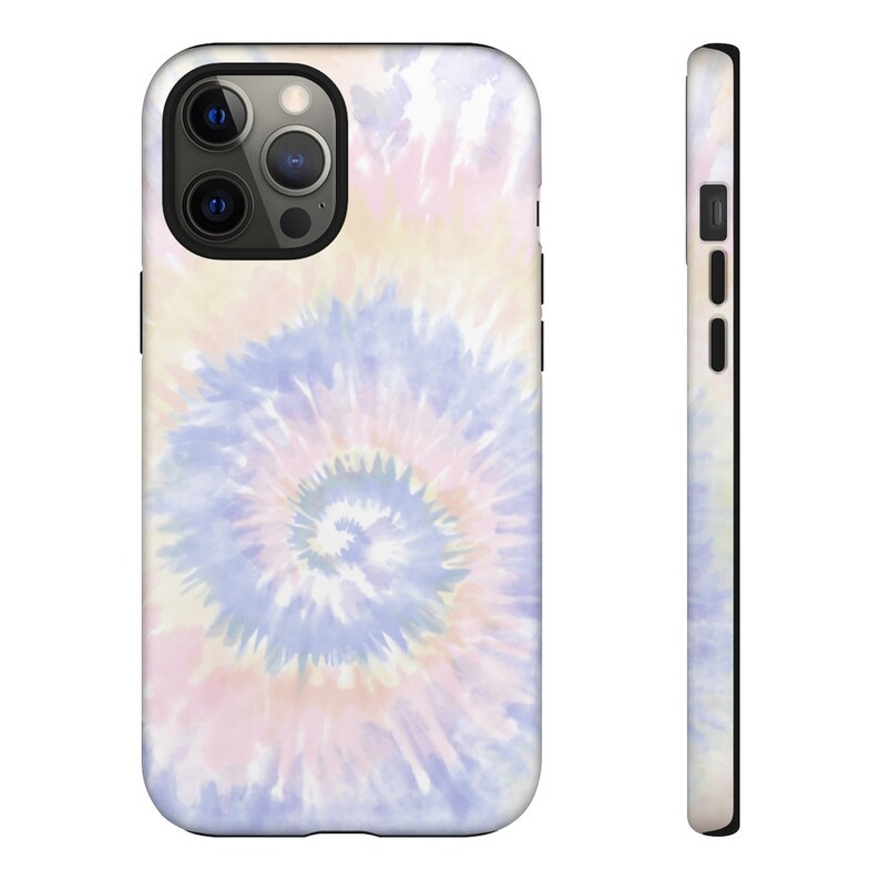 May include: A phone case with a tie-dye pattern in shades of pink, blue, and yellow. The case has a black border and a cutout for the phone's camera.