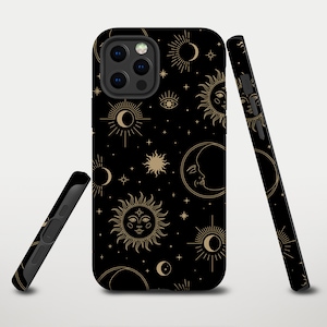 May include: A black phone case with a gold celestial pattern featuring suns, moons, and stars. The case is shown from multiple angles.