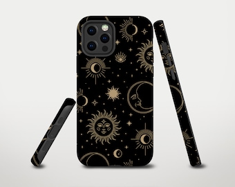 Celestial iPhone Case Black Phone Case iPhone 17 Pro Max Case iPhone 16 Pro Tough Case Sun Moon and Stars iPhone Air S25 S26 Pixel 9 Case