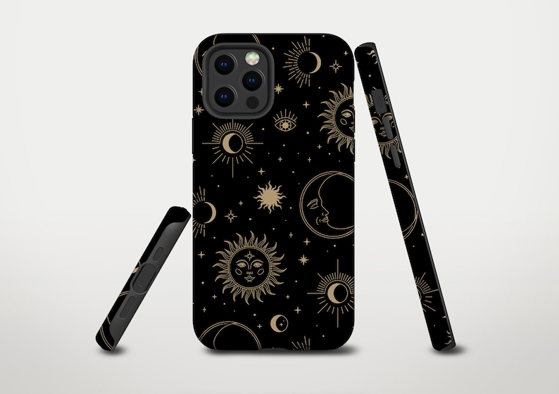 May include: A black phone case with a gold celestial pattern featuring suns, moons, and stars. The case is shown from multiple angles.