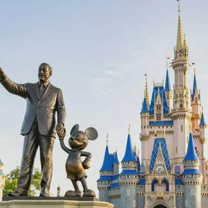 Può includere: Statua in bronzo di Walt Disney e Topolino, sullo sfondo del Castello di Cenerentola. Il castello presenta torrette blu e una facciata rosa. Il cielo è limpido e blu, creando una scena vibrante.