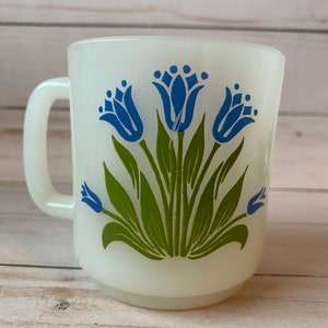 Vintage Milk Glass Floral Mug with Blue Tulips - circa 1970’s, GlasBake?