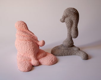 Paper Mache Sculpture Set of Two. Soft Grey & Pink Minimalist Organic Sculpture Pair. Modern Living Room Accent.