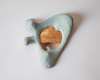 Unique Handcrafted Wavy Papier-Mâché Mirror Frame - Light Blue Drop Shaped Wall Art