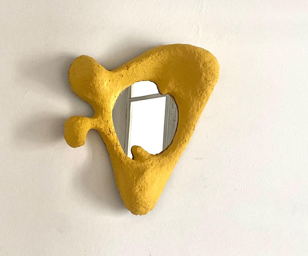 Asymmetrical Wavy Mirror Frame. Paper Mache Wall Mirror in Yellow