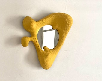 Asymmetrical wavy mirror frame. Paper mache wall mirror in yellow. Funky mirror. Aesthetic accent decor unique wall sculpture.