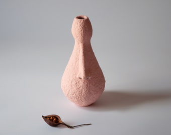 Paper mache vase in pastel pink. Modern minimalistic paper mache art vessel. Eco friendly table decoration. Vase with a human Nose.