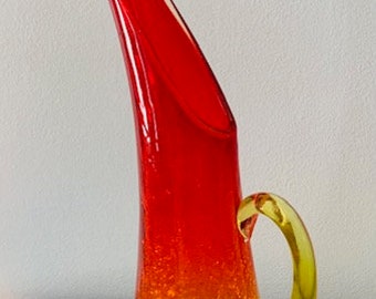 1960's Mid Century Kanawha Amberina Red and Yellow Crackle Glass Pitcher/Vase