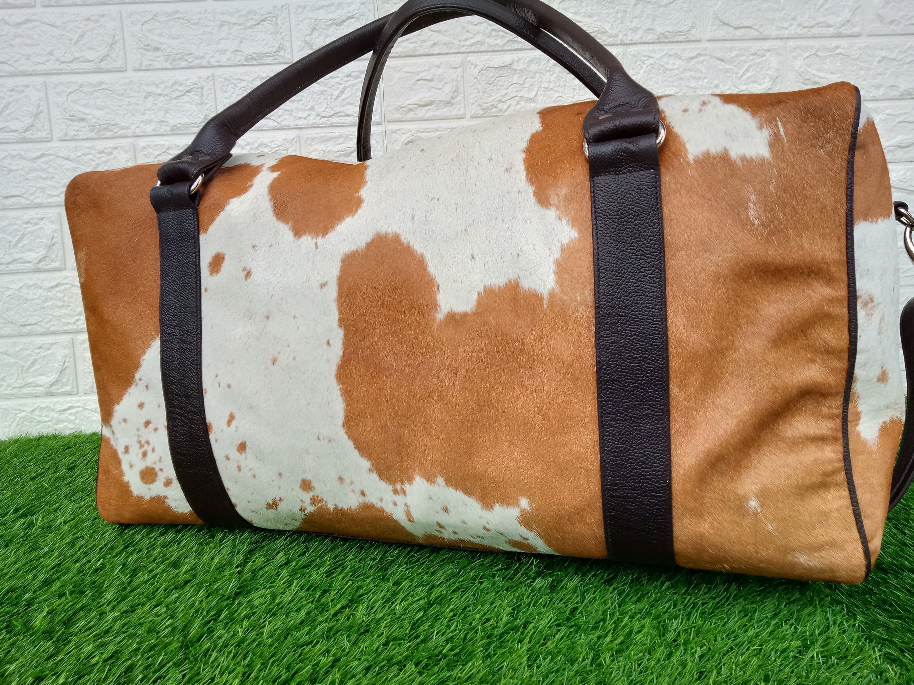 Cowhide Leather Duffel Bag Large Cowhide Travel Bag Brown and Etsy