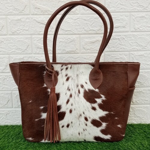 Ladies Cowhide Leather Tote Bag Brown and White Cowhide Women Etsy