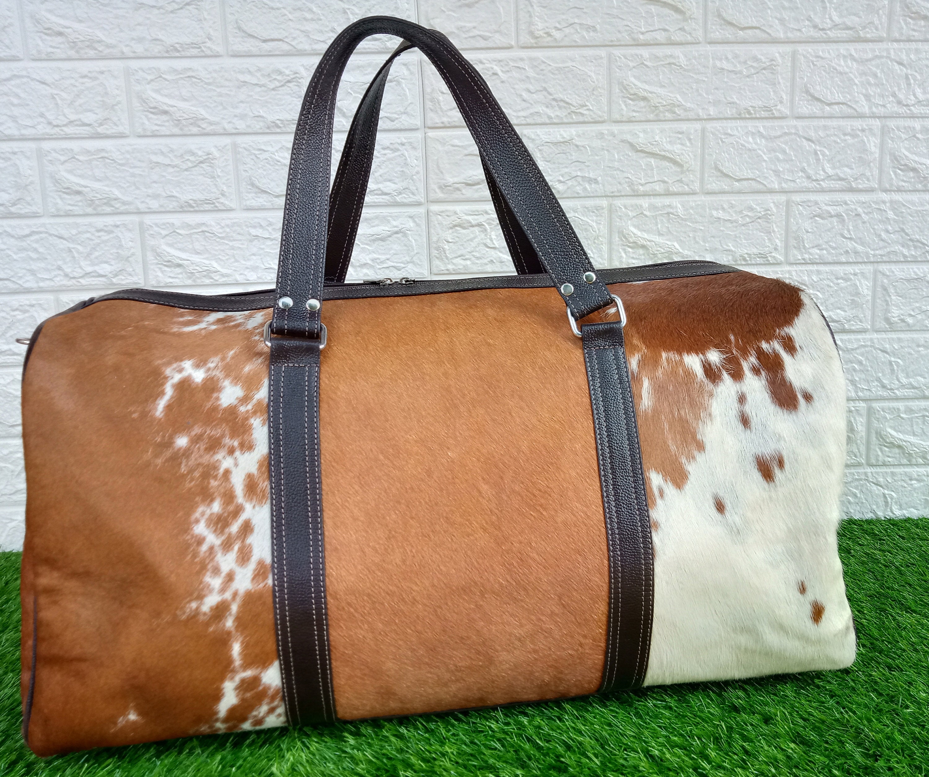 Real Cowhide Leather Duffel Bag Large Cowhide Travel Bag Brown Etsy UK
