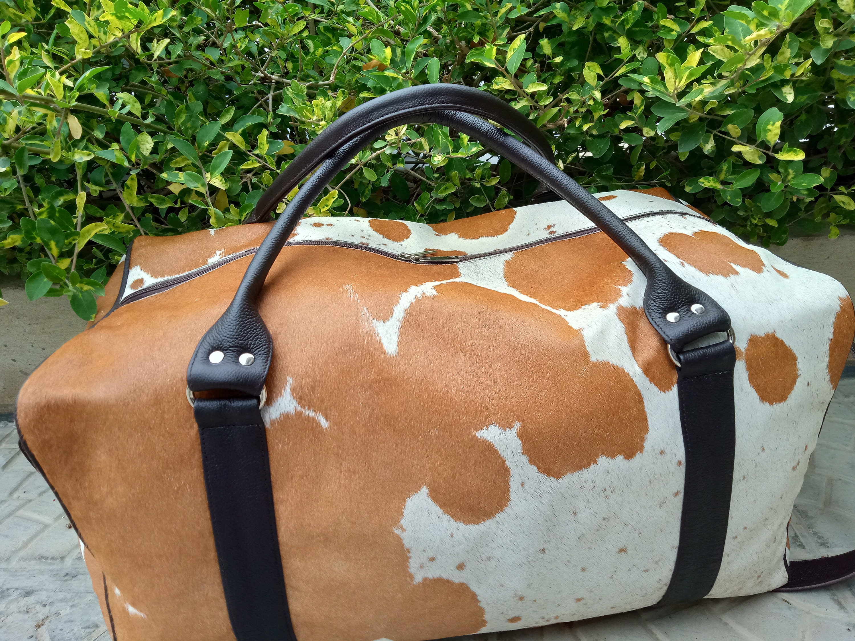 Cowhide Leather Duffel Bag Large Cowhide Travel Bag Brown and Etsy