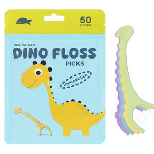 May include: A blue and yellow pack of 50 unflavoured dental floss picks shaped like dinosaurs. The pack features a cartoon dinosaur with the text "Sea Turtle's Dino Floss Picks Unflavoured".