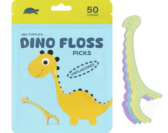 Sea Turtle Kids Dino Floss Picks - Corn Starch Handle - Thin Thread Tooth Dental Flossers - Unflavored