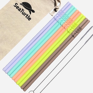 SeaTurtle Silicone Straws - Pack of 10 Reusable Silicone Drinking Straws with Cotton Carry Bag and 2 Cleaning Brushes - Eco Friendly Straw