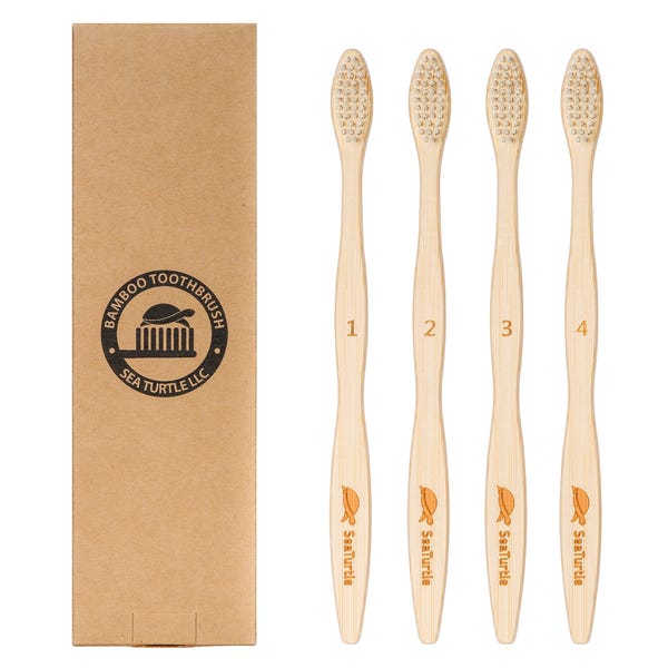 Brosse à dents en bambou à soies végétales de tortue de mer - Lot de 4 - Soies naturelles douces pour gencives sensibles - Recyclable, biodégradable
