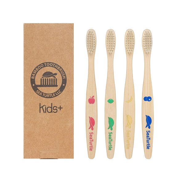 SeaTurtle Kids Plant-Based Bristles Bamboo Toothbrush - Pack of 4 - Soft Natural Bristle for Sensitive Gums - Biodegradable Zero Waste