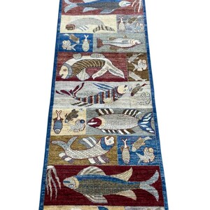 3x10 Runner Rug | Pictorial Fish Design | Blue Oriental Runner Rug | Unique Handmade Rug
