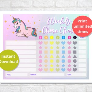 Peut inclure: Un tableau de bord des tâches ménagères hebdomadaires imprimable avec une licorne rose avec une crinière et une queue arc-en-ciel. Le tableau a un fond arc-en-ciel avec des étoiles et comprend des espaces pour chaque jour de la semaine, des points, des objectifs, des récompenses et une section de points totaux.