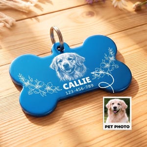 Custom Engraved Bone-Shaped Pet ID Tag, Floral Dog Cat Name Collar Tag