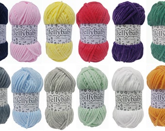 May include: Assortment of 12 skeins of Jellybaby Chunky Chenille yarn in various colors, including black, pink, yellow, red, purple, green, gray, blue, light green, white, and orange.