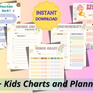 Afdrukbare bundel met belonings- en takenschema voor kinderen | Gedrag, toeslagtrackers + dagelijkse, wekelijkse en maandelijkse planner | Direct downloaden