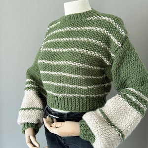 Striped Cardigan, Oversized Sweater, Balloon Sleeve Chunky Sweater, Hand Knitted Women&#39;s Sweater, Cozy Sweater, Crop Knit Sweater